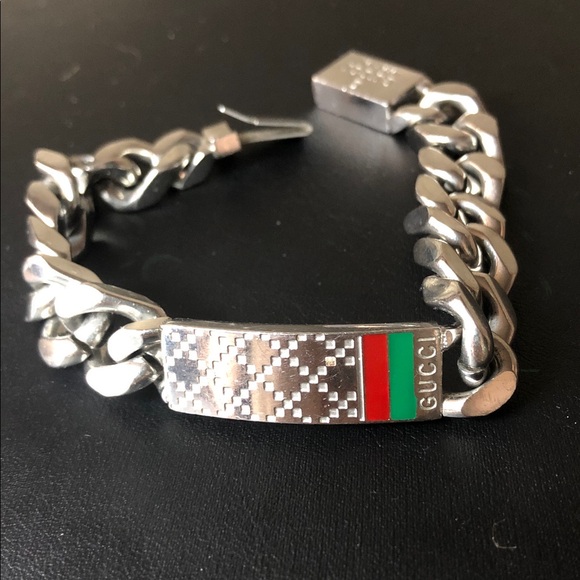 GUCCI Sterling Silver ID Chain Bracelet with Red and Green Sherryline Detail